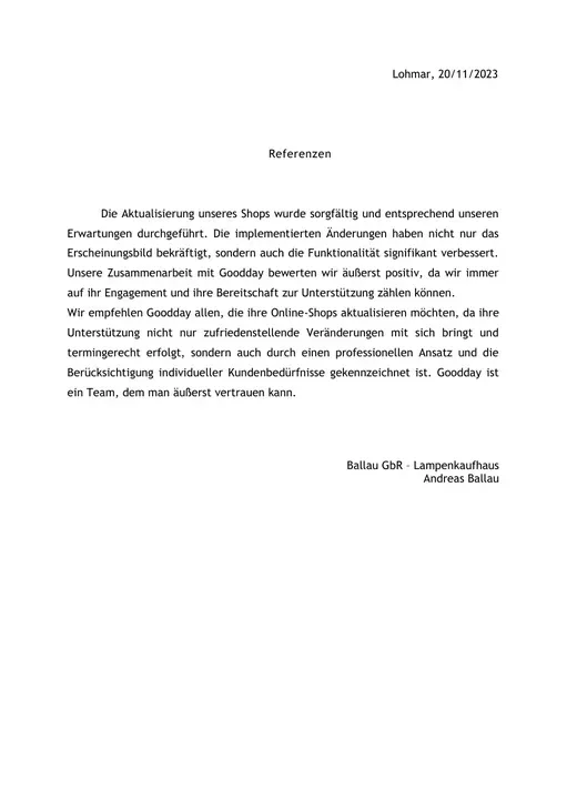 Referenzschreiben von Ballau GbR – Lampenkaufhaus, Seite 1