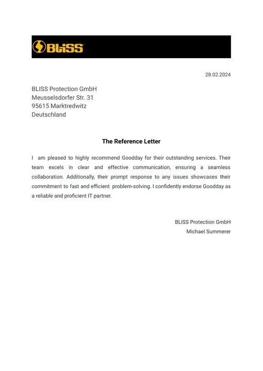 Referenzschreiben von Bliss Protection GmbH, Seite 1