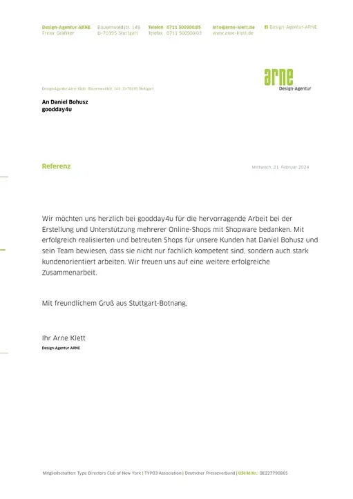 Referenzschreiben von Design-Agentur ARNE, Seite 1