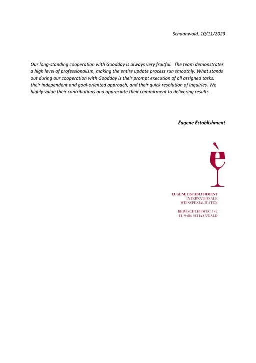 Referenzschreiben von Eugene Establishment, Seite 1