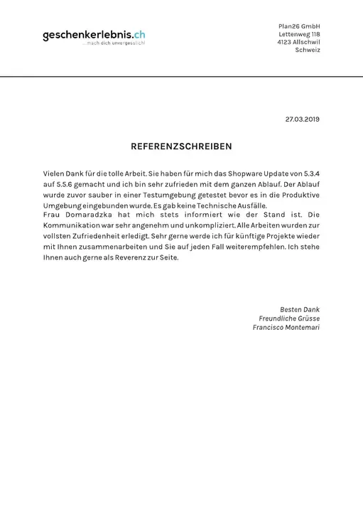 Referenzschreiben von Geschenkerlebnis.ch, Seite 1