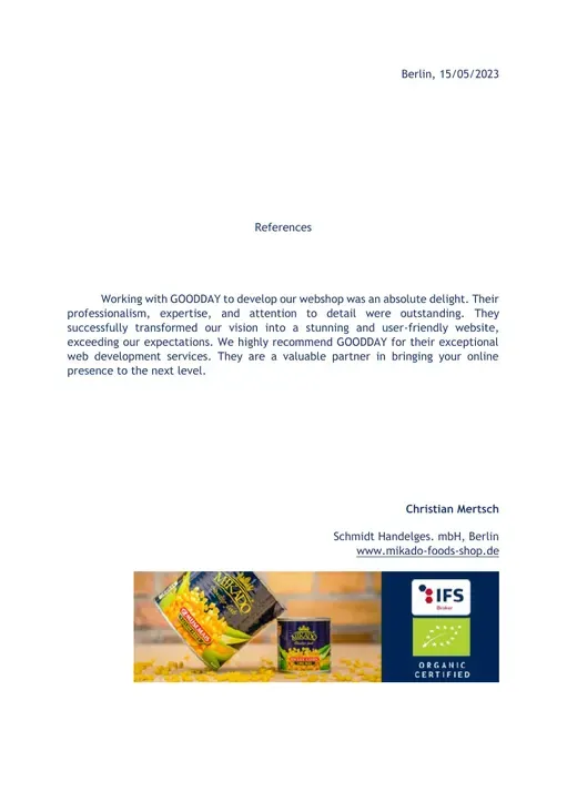 Referenzschreiben von I. Schmidt Handelsgesellschaft, Seite 1