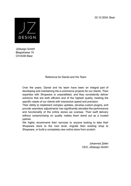 Referenzschreiben von JZdesign GmbH, Seite 1