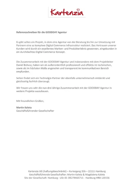 Referenzschreiben von Kartenzia, Seite 1