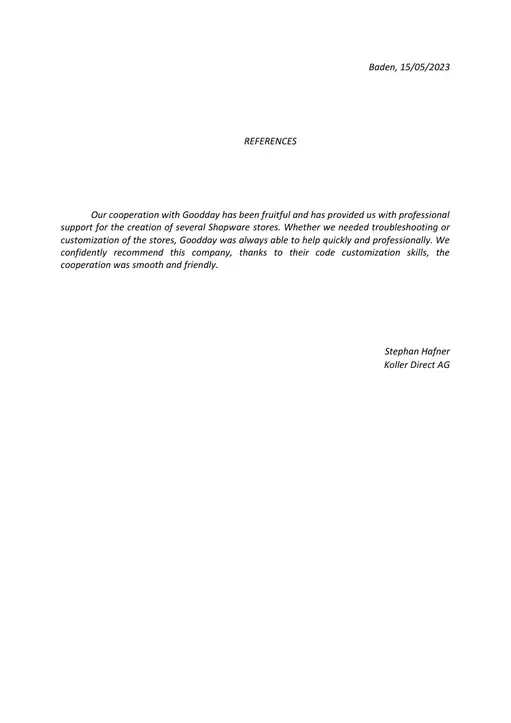 Referenzschreiben von Koller Direct AG, Seite 1