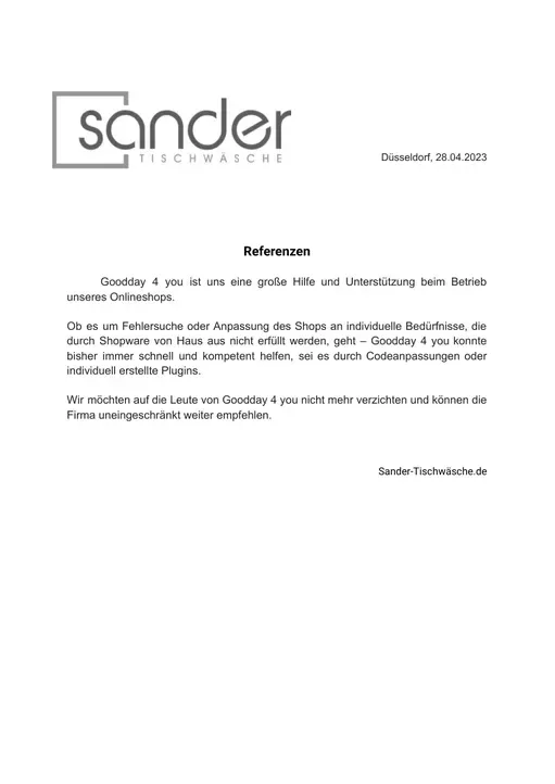 Referenzschreiben von Sander-Tischwäsche.de, Seite 1