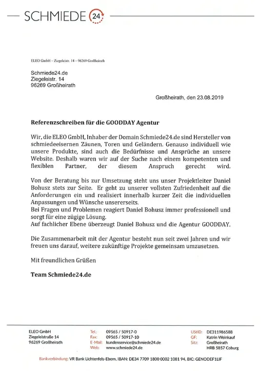 Referenzschreiben von Schmiede24, Seite 1