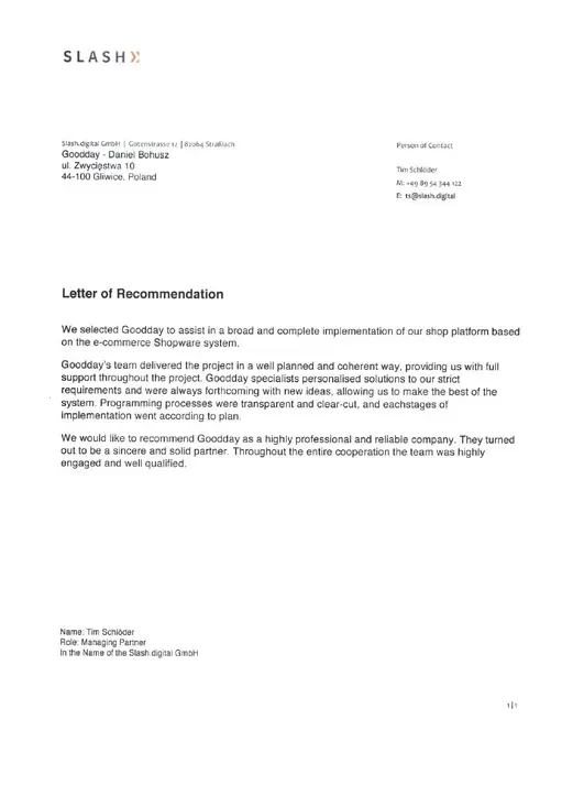 Referenzschreiben von Slash Digital GmbH, Seite 1