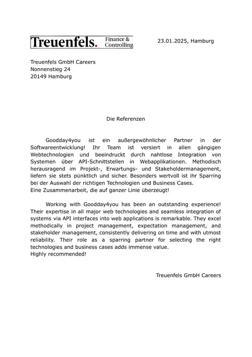 Referenzschreiben von Treuenfels GmbH Careers, Seite 1