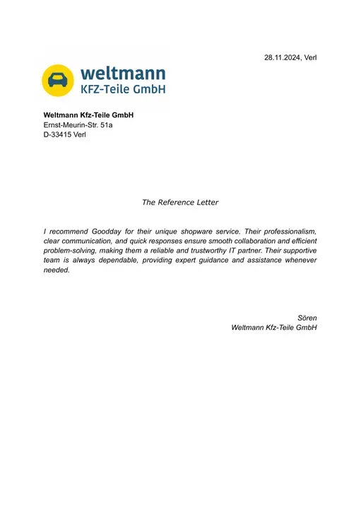 Referenzschreiben von Weltmann Kfz-Teile GmbH, Seite 1