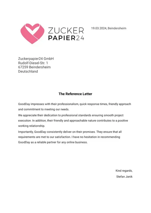 Referenzschreiben von Zuckerpapier24 GmbH, Seite 1